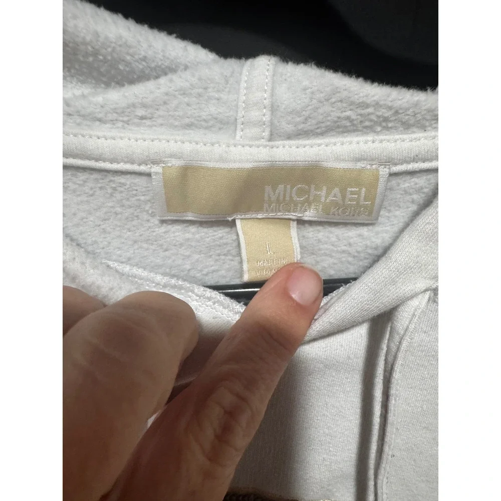 Michael Kors Womens White Hoodie Gold Sequin MK Logo Sweatshirt Large
